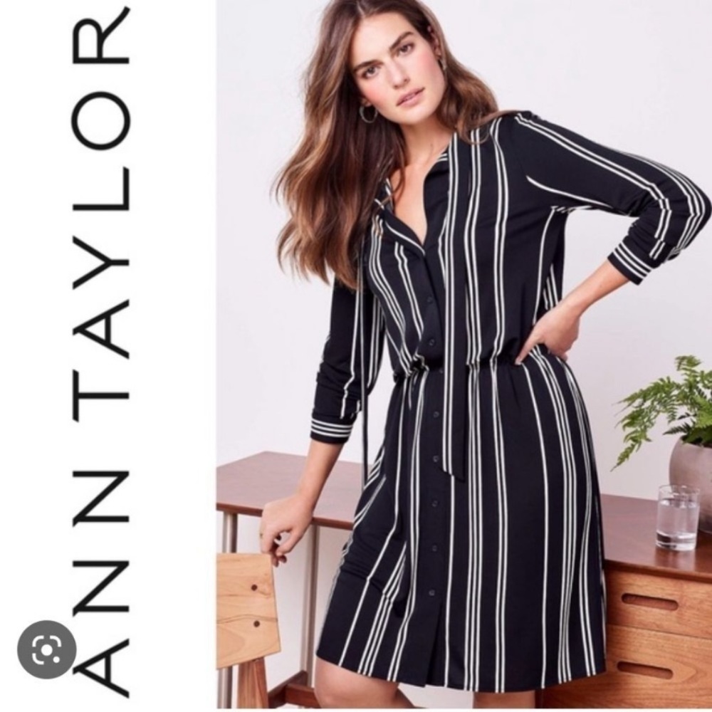 Ann Taylor minimalist contemporary neck tie stripe midi dress